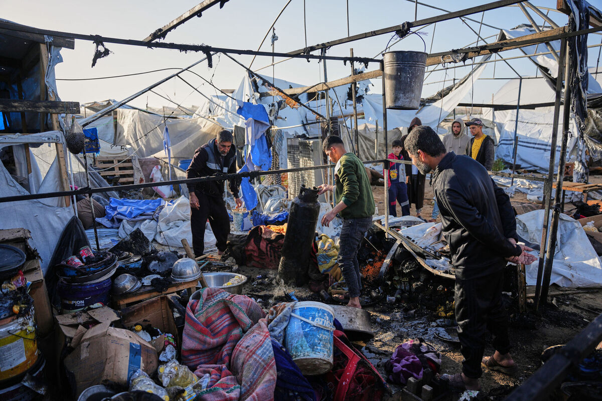 Palestinians inspect damage to a tent hit by an Israeli strike in Khan Younis, in the southern Gaza Strip, Saturday, Jan. 31, 2026. Picture: AP Photo/Abdel Kareem Hana