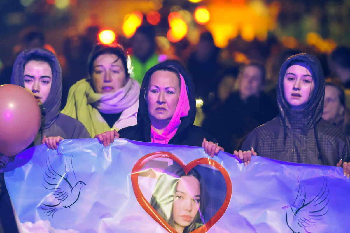 Grace Lynch's mother leads a march in memory of her daughter, who lost her life when she was hit by a scrambler motorcycle at the junction of Valley Park and Ratoath Road last Sunday. Picture: Colin Keegan, Collins, Dublin.