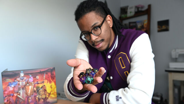 <p>Apollo Pierce, voice actor and Dungeons &amp; Dragons professional dungeon master, has his dice ready for the next campaign. Picture: Larry Cummins</p>