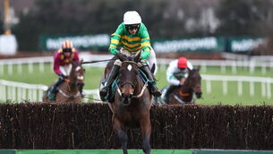 <p>Fact To File, with Mark Walsh up, jumps the last on the way to winning the Paddy Power Irish Gold Cup at Leopardstown. Pic: Thomas Doolin/Sportsfile</p>