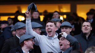 <p>WINNER ALRIGHT: Racegoers celebrate a win at Leopardstown on Monday. Pic: INPHO/Tom Maher</p>