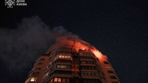 <p>A fire broke out at a multi-storey apartment building following a Russian attack in Kyiv Picture: Ukrainian Emergency Service via AP</p>