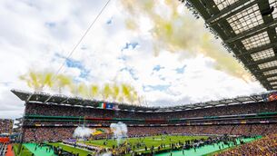 <p>NO RETURN IN 2026: The Steelers take to the field at Croke Park. Pic: ©INPHO/James Crombie.</p>