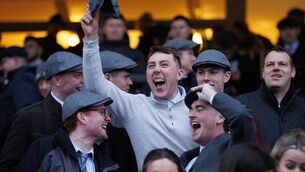 <p>WINNER ALRIGHT: Racegoers celebrate a win at Leopardstown on Monday. Pic: INPHO/Tom Maher</p>