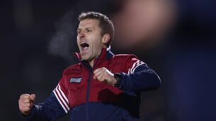 <p>Cork’s manager Ben O'Connor celebrates after his side scored their second goal against Galway. Pic: James Crombie/Inpho</p>