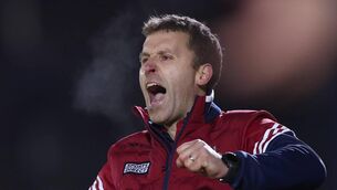 <p>Cork’s manager Ben O'Connor celebrates after his side scored their second goal against Galway. Pic: James Crombie/Inpho</p>