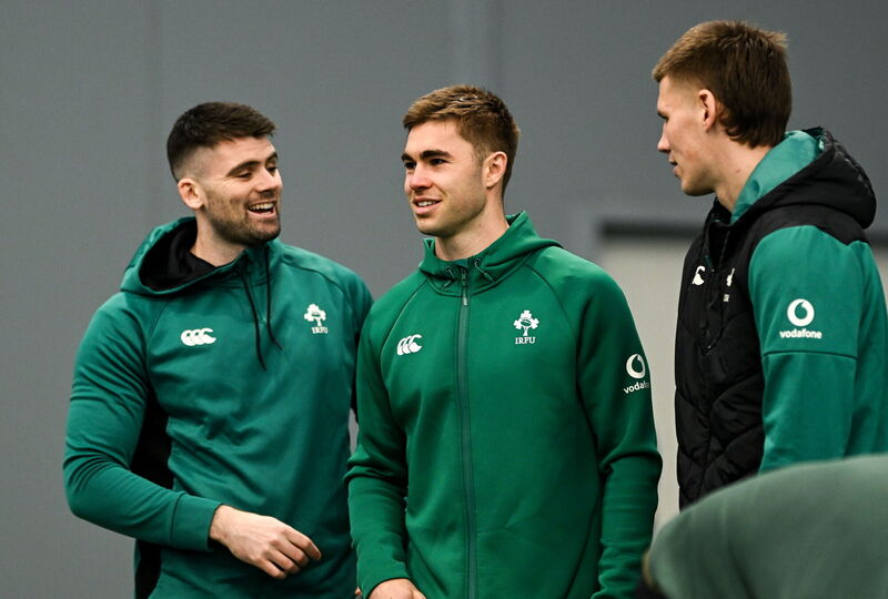 Harry Byrne, left, Jack Crowley and Sam Prendergast during the Ireland team assembly day at the IRFU High Performance Centre. Pic: Brendan Moran/Sportsfile