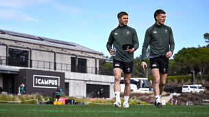 <p>Jack Crowley, left, and Sam Prendergast during an Ireland Rugby squad training session at The Campus in Quinto da Lago. Pic: Brendan Moran/Sportsfile</p> <p>Jack Crowley, left, and Sam Prendergast during an Ireland Rugby squad training session at The Campus in Quinto da Lago. Pic: Brendan Moran/Sportsfile</p>