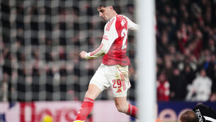 <p>Arsenal's Kai Havertz scores his side's first goal during the Carabao Cup semi-final second leg.</p>