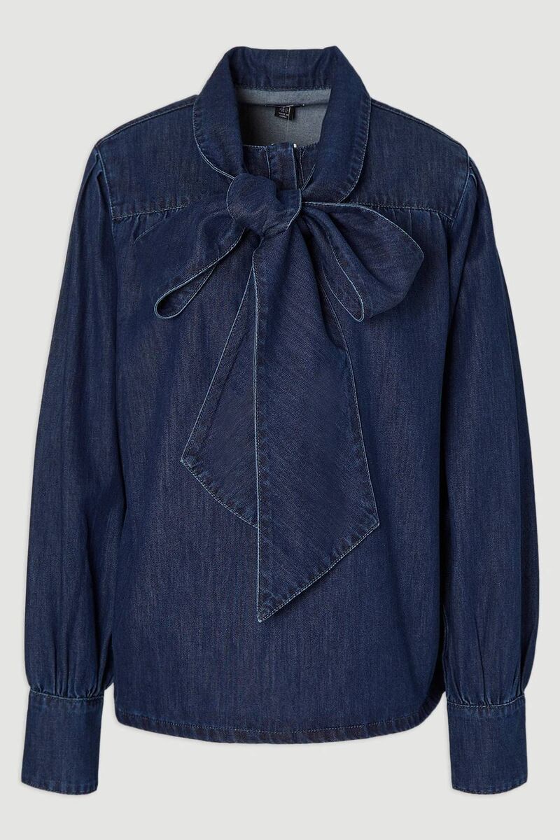 Fashion Pussy-Bow Denim Blouse, €119, Karen Millen.