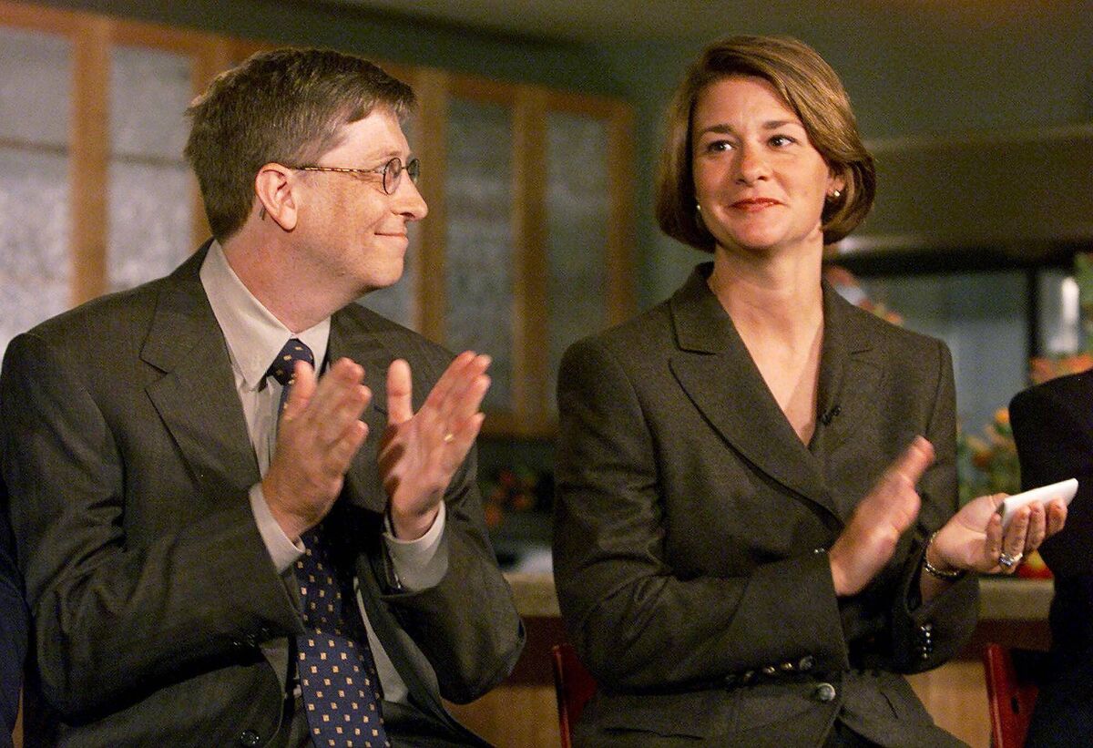 Microsoft chairman and chief executive Bill Gates and his then wife Melinda in 1999 during a press conference in Seattle for the couple's foundation. Bill Gates is mentioned in the Epstein files and his former wife has said in response that his relationship with Epstein was part of the reason for their divorce. 