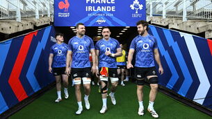 <p>Ireland players, from left, Dan Sheehan, Tadhg Beirne, Jack Conan and captain Caelan Doris make their way onto the pitch before their captain's run at Stade de France. Pic: Brendan Moran/Sportsfile</p>