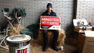 <p>IFA member David Rodgers protests outside Bord Bia headquarters in Dublin this week. <span class="contextmenu emphasis CaptionCredit">	Picture: Leah Farrell / RollingNews.ie</span>
            </p>
