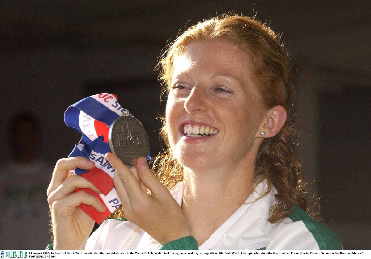 Ireland's Gillian O'Sullivan with the silver medal she won in the Women's 20K Walk Final during the second day's competition. 9th IAAF World Championships in Athletics, Stade de France, Paris, Picture; Brendan Moran / SORTSFILE Ireland's Gillian O'Sullivan with the silver medal she won in the Women's 20K Walk Final during the second day's competition. 9th IAAF World Championships in Athletics, Stade de France, Paris, Picture; Brendan Moran / SORTSFILE
