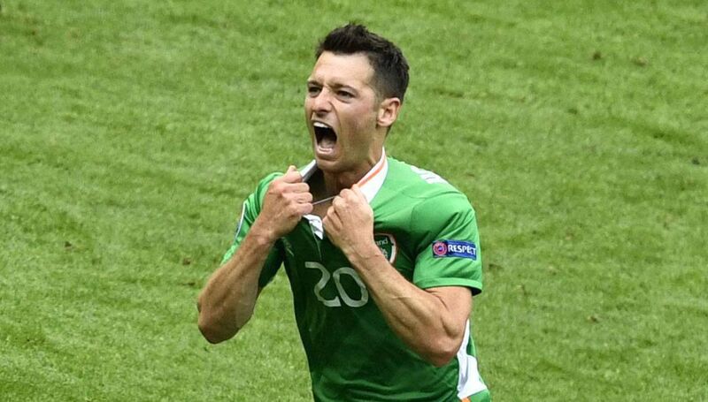 Ireland's midfielder Wesley Hoolahan celebrates after scoring a goal during the Euro 2016 group E football match between Ireland and Sweden at the Stade de France stadium in Saint-Denis on June 13, 2016. (Photo by PHILIPPE LOPEZ/AFP via Getty Images) 