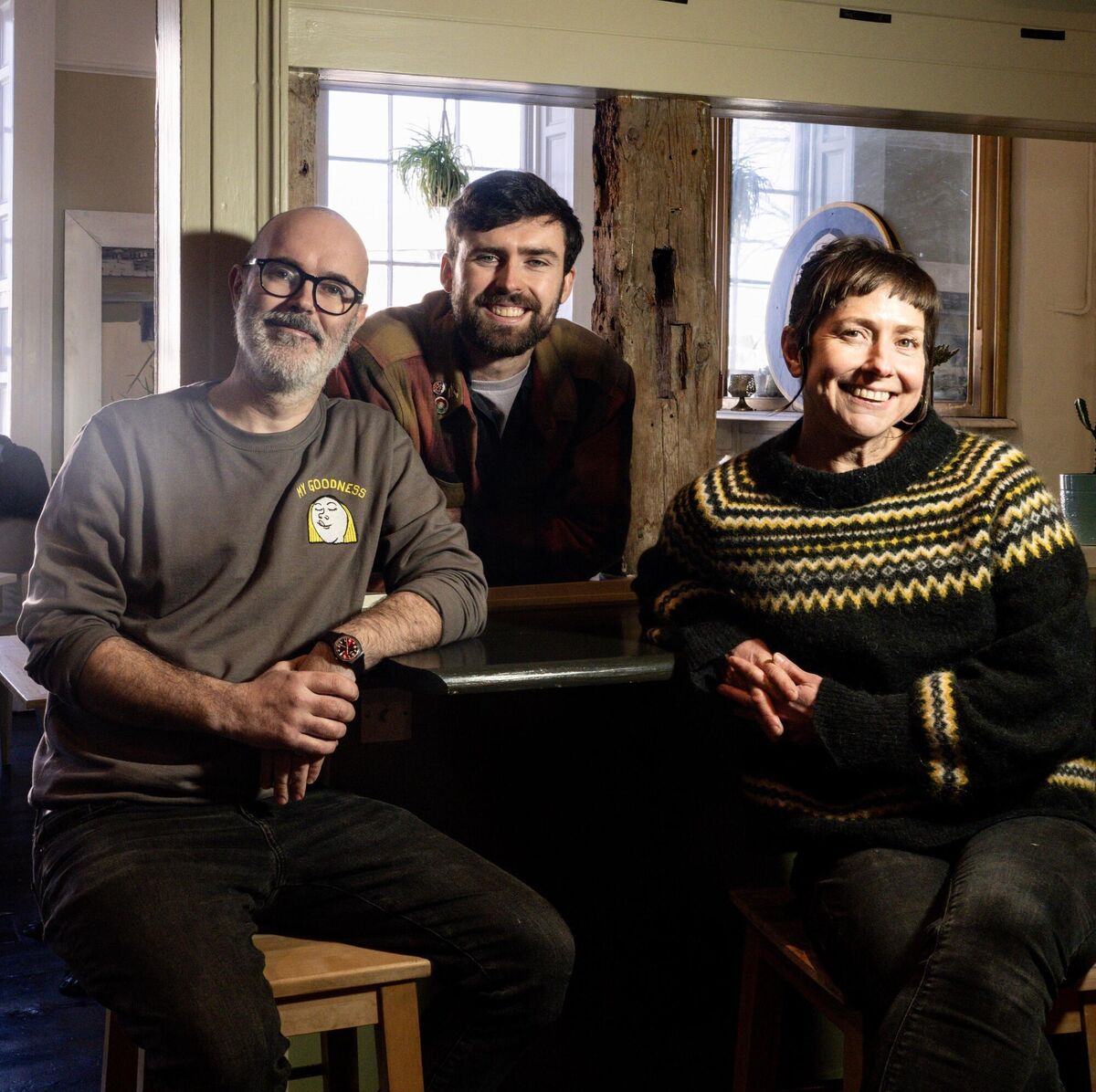 A wide view inside the Quay Co-Op restaurant in Cork city captures incoming stewards Donal O’Gara and Virginia O’Gara of My Goodness alongside outgoing figures Arthur Leahy and John Calnan, with chef Dan also pictured, as the baton is passed following the success of the pop-up. Picture Chani Anderson