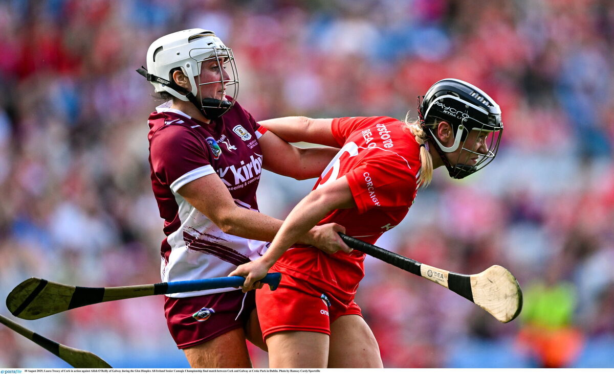 2025: Laura Treacy of Cork in action against Ailish O’Reilly of Galway during the All-Ireland final between Cork and Galway at Croke Park. Pic: Ramsey Cardy/Sportsfile