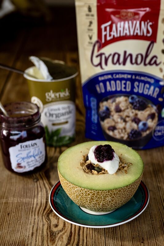 Melon served with Flahavan’s Granola, Glenisk Organic Greek Yogurt and Folláin Spoonfuls. picture Chani Anderson
