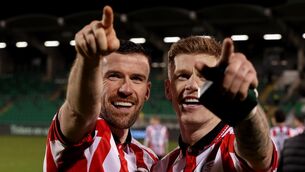 <p>THE WAY AHEAD: Derry City players, Patrick McClean, left, and James McClean celebrate after the 2026 Men's President's Cup final match between Shamrock Rovers and Derry City at Tallaght Stadium in Dublin. Photo by Michael P Ryan/Sportsfile</p>