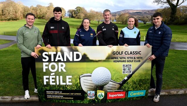 <p>Cork and Kerry players from left Tadhg Morley, Kerry ;Brian Hayes, Aine Terry O'Sullivan , Ruairi Deane, all Cork; Síofra O'Shea and Sean O'Shea, both Kerry at Kenmare golf club, which will host the Stand For Féile, fundraising golf classic on April 16, 17 and 1 . Féile O'Sullivan from Beara was injured in a life-changing accident in the summer of 2025. Picture; Eddie O'Hare</p>