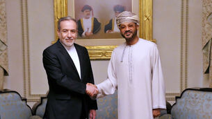 Iranian foreign minister Abbas Araghchi met Omani counterpart Sayyid Badr Albusaidi (Iranian Foreign Ministry via AP)