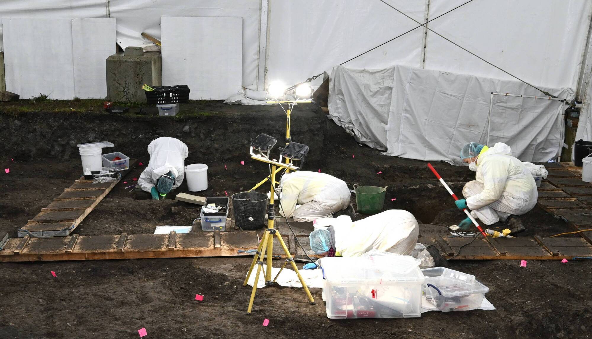 ODAIT forensic staff working under the temporary tent at the site of the former Mother and Baby Institution in Tuam, Co Galway. Picture: ODAIT