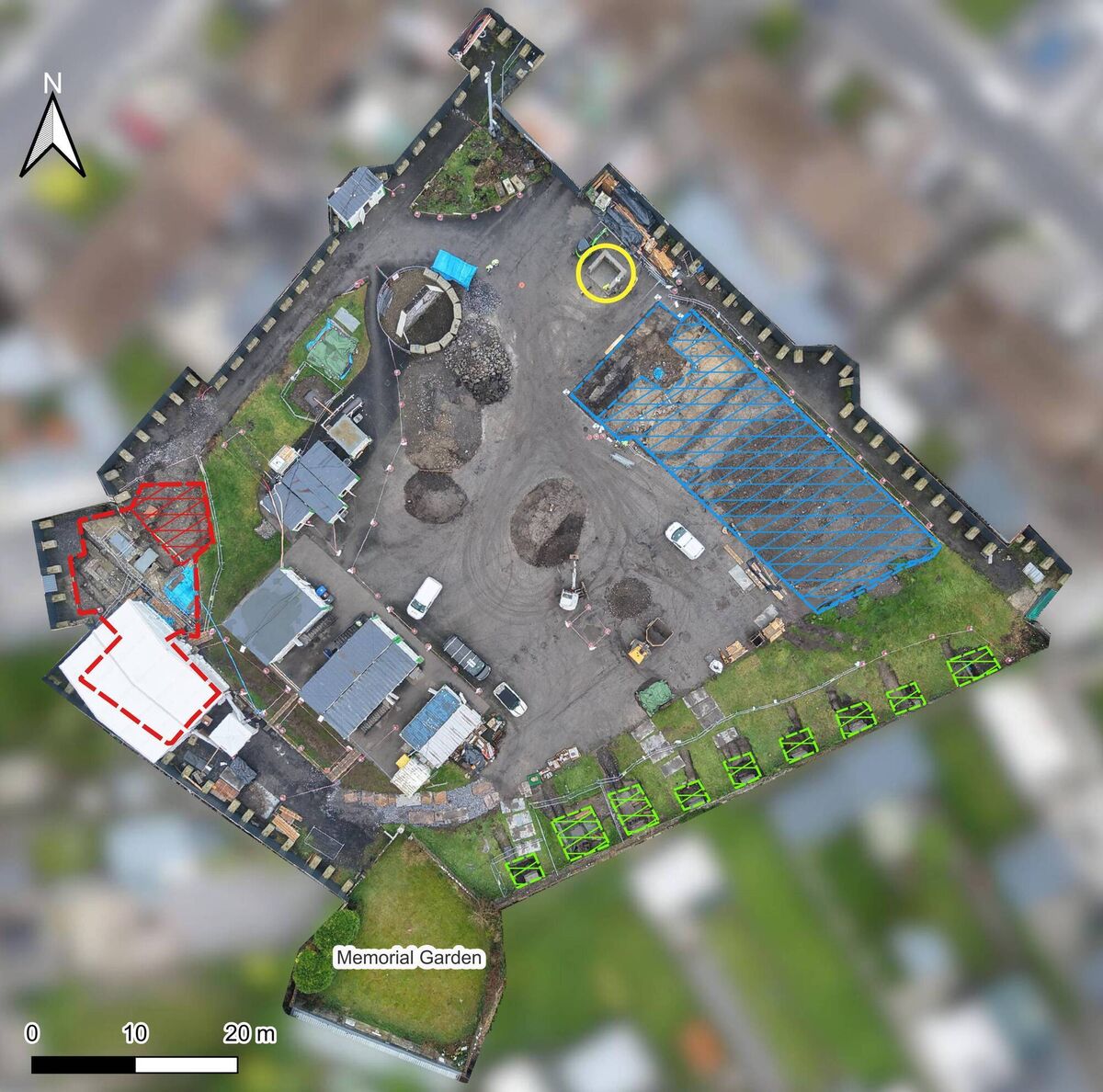 The excavation site at the former Mother and Baby Institution in Tuam. The area outlines in blue shows the locations where machine excavation is continuing; the area in red shows the location where hand excavation is continuing under a temporary tent. Picture: ODAIT