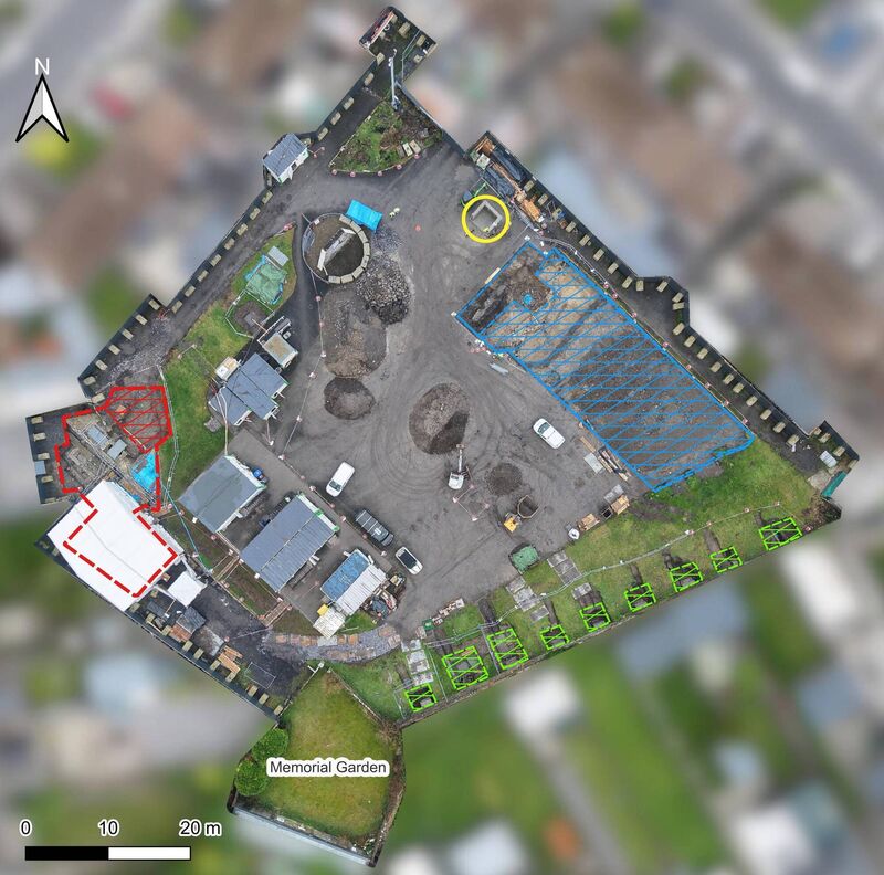 The excavation site at the former Mother and Baby Institution in Tuam. The area outlines in blue shows the locations where machine excavation is continuing; the area in red shows the location where hand excavation is continuing under a temporary tent. Picture: ODAIT The excavation site at the former Mother and Baby Institution in Tuam. The area outlines in blue shows the locations where machine excavation is continuing; the area in red shows the location where hand excavation is continuing under a temporary tent. Picture: ODAIT