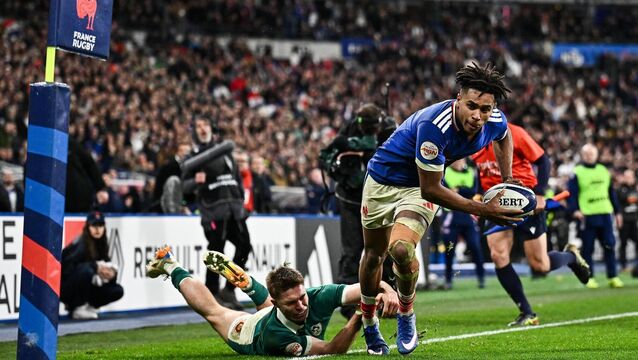 <p>TAKE OFF: Théo Attissogbe of France beats the tackle from Jack Crowley of Ireland on his way to scoring his side's fifth try. Pic: Seb Daly/Sportsfile</p>