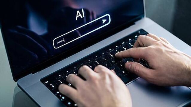 AI chat prompt. Artificial intelligence and digital technology. Man using chatbot with laptop at work. Creative content. Generat