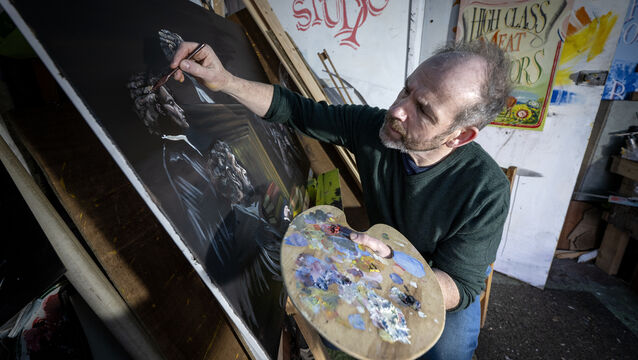<p>Courtroom artist Mike O’Donnell at work in his studio in Tralee, Co Kerry. Picture: Domnick Walsh © Eye Focus LTD</p>