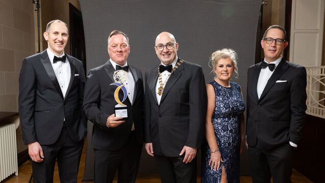 <p>Collecting the prestigious award at the Cork Chamber Annual Dinner held at City Hall is Paul Kelleher, VP Engineering at Qualcomm, with Chris Wood, Partner – Audit, KPMG Ireland, awards sponsors, Rob Horgan, Cork Chamber President, Naoimh Frawley, Director of People, Operations &amp; Governance, Cork Chamber and Conor Healy, Cork Chamber CEO. 	Picture: Darragh Kane</p>