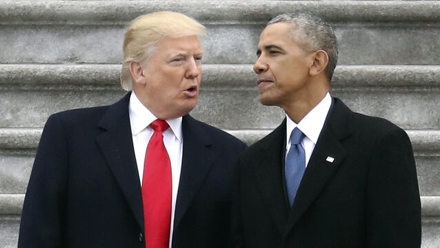 <p>Donald Trump talks with Barack Obama on Capitol Hill in Washington in 2017. Picture: Rob Carr/Pool Photo via AP</p>