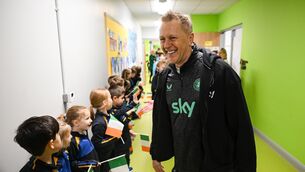 <p>HEIMIR TIME: Republic of Ireland men's head coach Heimir Hallgrimsson during a visit to Carrigtwohill Community National School in Cork.  Pic: Stephen McCarthy/Sportsfile.</p>