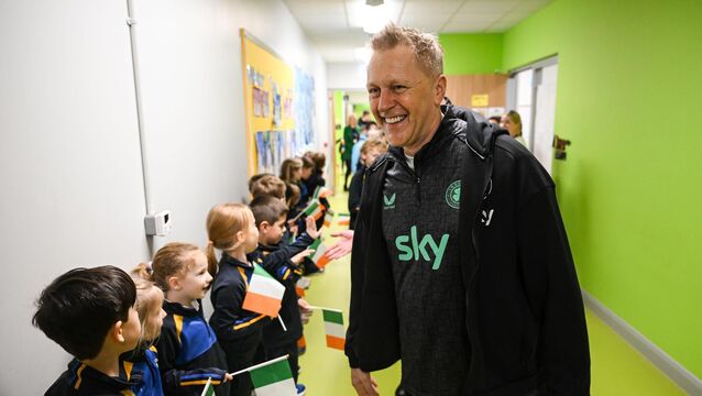 <p>HEIMIR TIME: Republic of Ireland men's head coach Heimir Hallgrimsson during a visit to Carrigtwohill Community National School in Cork.  Pic: Stephen McCarthy/Sportsfile.</p>