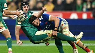 <p>OUCH: Ireland’s Caelan Doris is tackled by France flanker Oscar Jegou during Thursday’s Six Nations clash at the Stade de France. A humbling defeat brought back memories of the shellackings French sides doled out to Irish teams of the 1990s. Pic: Julie Sebadelha / Getty</p>