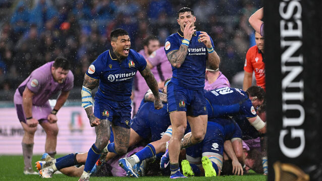 <p>Italy’s Monty Ioane celebrates his side's victory over Scotland. Pic: Domenico Cippitelli/PA Wire.</p>