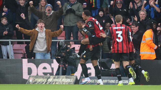 <p>Rayan (left) celebrates with Eli Junior Kroupi after scoring his first goal for Bournemouth (Peter Tarry/PA)</p>