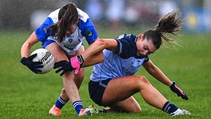 <p>Emma Murray of Waterford in action against Ellen Gribbin of Dublin during the Lidl Ladies National Football League Division 1 Round 3 match between Waterford and Dublin at Dungarvan GAA Club in Dungarvan, Waterford. Photo by Tyler Miller/Sportsfile</p>