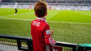 <p>Cillian Downey, seven years old, from Cloughduv, watches the Cork players warm up before challenge game in advance of the Allianz Hurling League Division 1A match between Cork and Tipperary at SuperValu Páirc Ui Chaoimh in Cork. Photo by Ray McManus/Sportsfile</p>