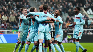 <p>Brentford’s Igor Thiago (centre) celebrates his penalty in the win at Newcastle (Owen Humphreys/PA)</p>
