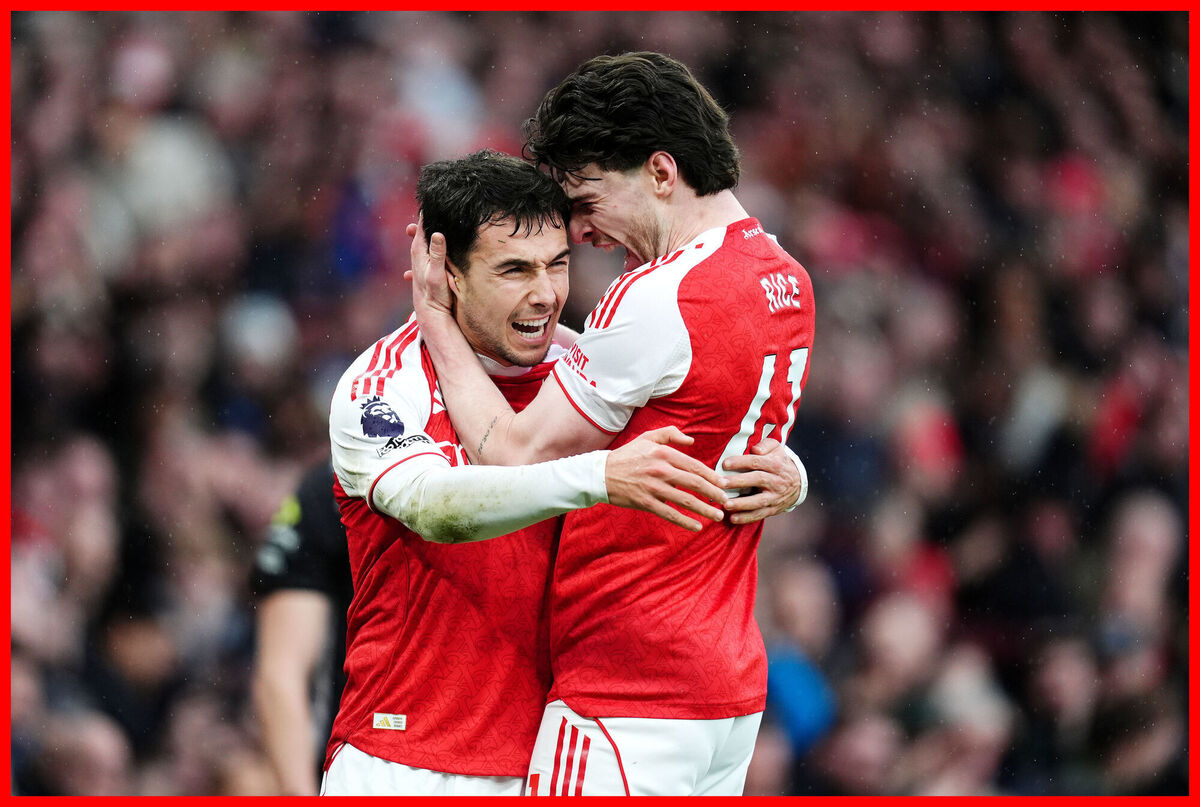 Arsenal's Martin Zubimendi (left) celebrates with Declan Rice after scoring their side's first goal during the Premier League match at the Emirates Stadium, London. Picture: John Walton/PA Wire.