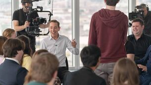 <p>Ryan Tubridy with Muireann O'Connell in the Vigrin Media new show 'The Assembly'.</p>