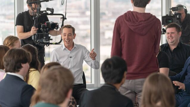 <p>Ryan Tubridy with Muireann O'Connell in the Vigrin Media new show 'The Assembly'.</p>