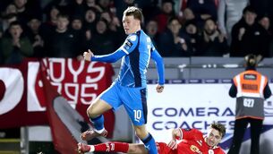 <p>Waterford's Conan Noonan takes on the Shelbourne defence during their clash at the RSC.</p>