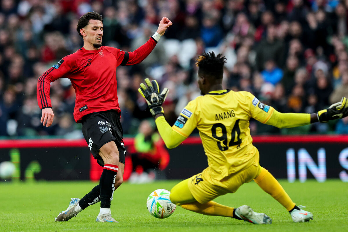 Bohemians' Connor Parsons’ shot is saved by St. Patrick's Athletic's goalkeeper Joseph Anang. Pic: ©INPHO/Ryan Byrne.