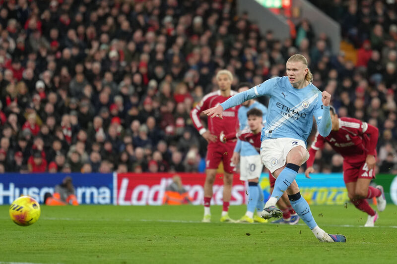 Manchester City's Erling Haaland scores from a penalty. Pic: AP Photo/Jon Super.