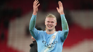 <p>Manchester City's Erling Haaland reacts after the win over Liverpool (AP Photo/Jon Super)</p>