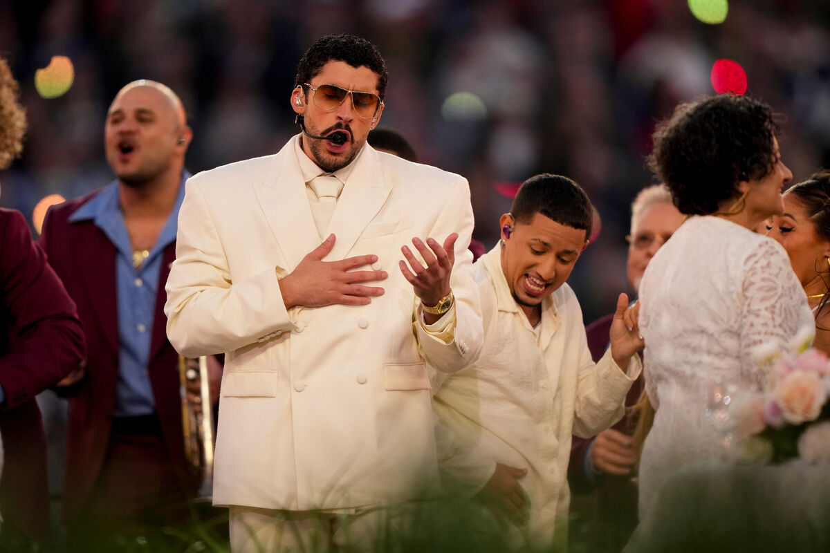 Bad Bunny performs during halftime of the NFL Super Bowl (Brynn Anderson/AP)