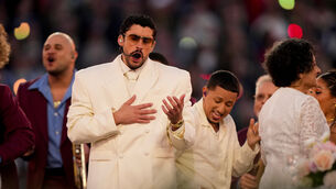 <p>Bad Bunny performs during halftime of the NFL Super Bowl (Brynn Anderson/AP)</p>